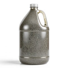 A gallon of dark gray liquid sits on a white surface isolated on white background. 1 gallon bottle