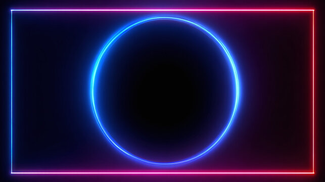 A vibrant glowing neon rectangle and circle shape creating an abstract and modern design on black background. It exudes energy and offers a captivating visual experience. 