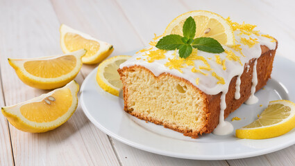Slice of lemon cake with white icing, lemon zest and mint on top, served with lemon wedges on a white plate. Fresh and sweet citrus dessert.
