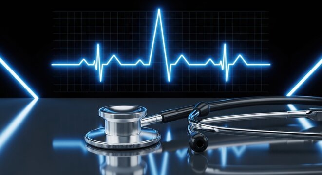 A stethoscope rests on a reflective surface in front of a glowing blue electrocardiogram heart rhythm display on a dark background, symbolizing healthcare and cardiology