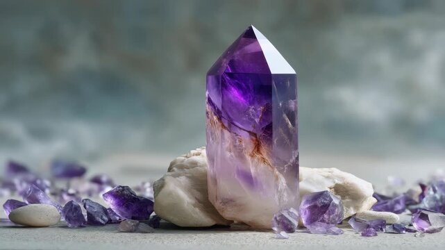 Vibrant amethyst crystal display on stone surface with smaller gems