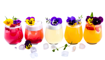 Cocktails with Floral Garnish Served over Ice, Transparent Background