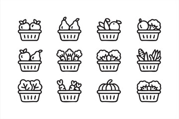 Autumn market produce baskets with seasonal vegetables and fruit for app design