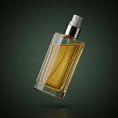 Elegant rectangular perfume bottle with golden liquid suspended