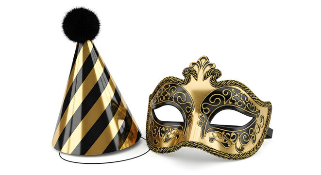 A glamorous gold and black masquerade ball mask next to a matching striped party hat ready for a celebration