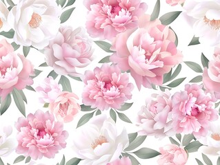 Delicate Pink and White Peony Floral Pattern with Lush Green Leaves for Elegant Background Design