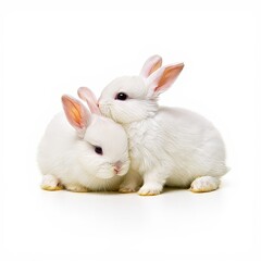 Obraz premium Two White Rabbits Cuddling Together, Isolated on White Background