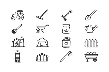 Farm operations icon suite including tractor, tools, cart and storage structures for UI kits