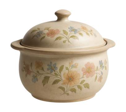 A vintage stoneware duck roaster with floral designs and a matching lid for cottage