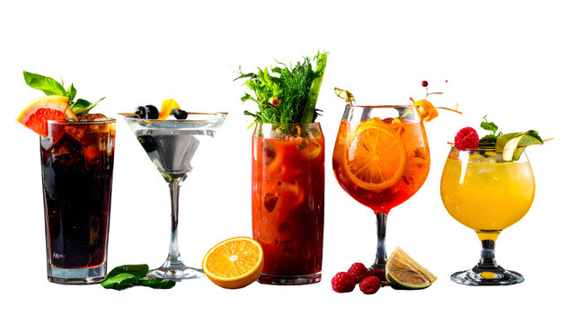 Diverse Colorful Cocktails on Display with Transparent Background