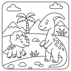 Cute Dinosaurs in Prehistoric Landscape – Kids Printable Coloring Page