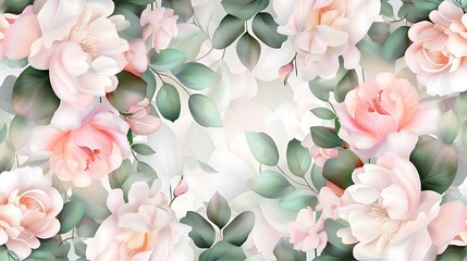 Fototapeta premium Elegant Floral Seamless Pattern with Soft Pink Roses and Green Leaves for Background Design