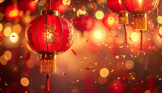 Vibrant red lanterns glowing warmly amid swirling confetti and festive golden lights, creating a lively celebration atmosphere - Powered by Adobe