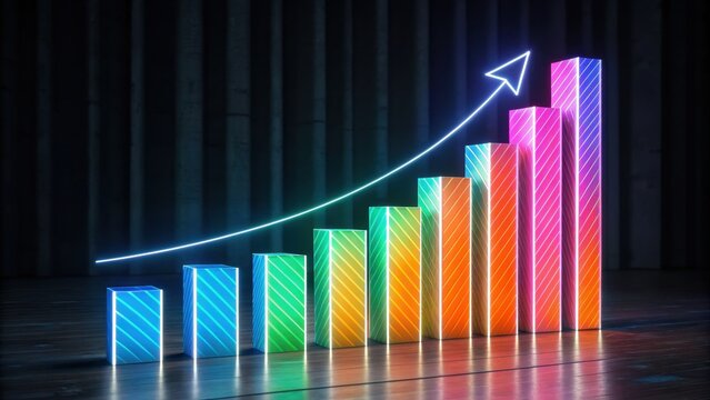 A vibrant, neon-themed graph showing growth, with colorful bars increasing in height, symbolizing progress and success in a dynamic visual style. - Powered by Adobe
