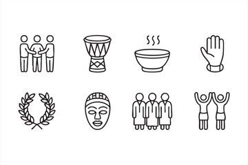 Community gathering line icons featuring celebration figures, bowl symbol and hand gesture for apps
