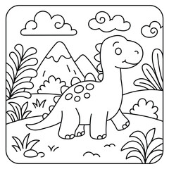 Cute Dinosaur in Mountain Landscape – Kids Printable Coloring Page