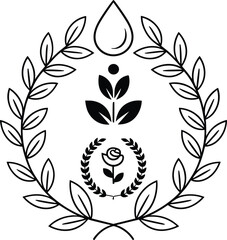 Black and white emblem with leaves water drop and rose logo symbol