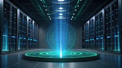A futuristic data center featuring a glowing, holographic platform with a circular design, illuminated by blue light amid rows of servers.