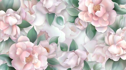 Obraz premium Soft Pink Floral Pattern with Delicate Peonies and Green Leaves on a Light Background
