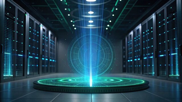 A futuristic data center featuring a glowing, holographic platform with a circular design, illuminated by blue light amid rows of servers.