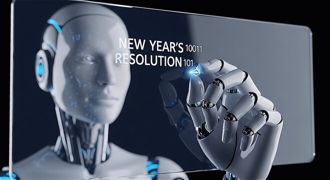 A stylized image featuring a humanoid robot's face and a detailed robotic hand interacting with a transparent, holographic screen. The hand is touching the screen to write or select the text "NEW YEAR