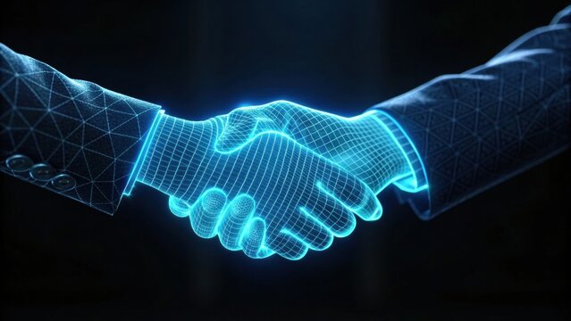 A digital representation of two hands shaking, symbolizing agreement, trust, and collaboration in a futuristic style.