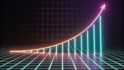 A vibrant neon graph shows a rising trend on a grid background, symbolizing growth, progress, and success in data visualization.