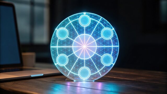 A glowing geometric design on a circular display, illuminated in blue and purple, set against a dark background with a laptop nearby.