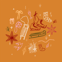 Hand drawn sketch elegant delicate winter Christmas elements skates