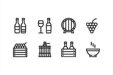 Winery workflow line icons featuring grape crates, fermentation barrels and drinkware for apps