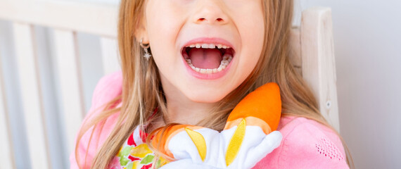 Happy Smiling little girl with colorful plush toy, joyful expression, open mouth, Bright childhood moment, playful childhood moment, cheerful portrait, dental health, oral hygiene, pediatric dentistry