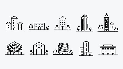 Collection of line art illustrations of various buildings and structures
