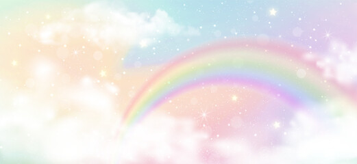 Naklejka premium Magical unicorn background with rainbow gradient, sparkling star, holographic sky cloud and bokeh light. Kawaii, mermaid and cute candy social media wallpaper. Birthday party and fairy tale backdrop.
