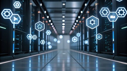A sleek, modern data center corridor illuminated by glowing icons representing technology, data, and networking elements.