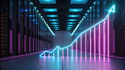 A futuristic data center with glowing servers and a vibrant upward trend graph, symbolizing growth and technology.