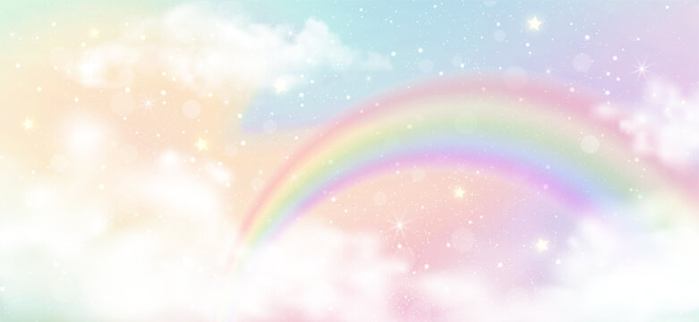 Magical unicorn background with rainbow gradient, sparkling star, holographic sky cloud and bokeh light. Kawaii, mermaid and cute candy social media wallpaper. Birthday party and fairy tale backdrop.