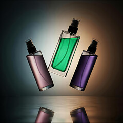 Three elegant perfume bottles suspended in mid air with reflections
