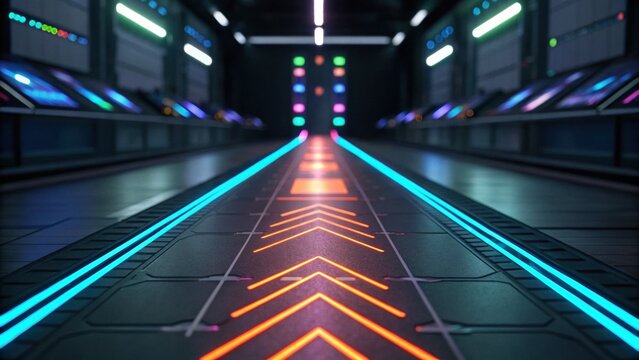 A futuristic corridor illuminated by colorful lights, featuring sleek lines and a modern design, creating a sci-fi atmosphere.