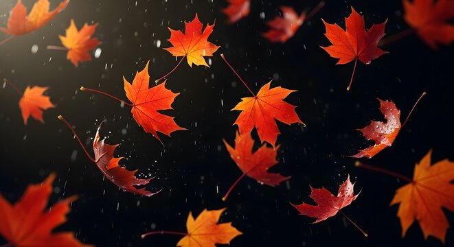 A beautiful cascade of vibrant red and orange autumn maple leaves dancing in the rain against a dark, dramatic background