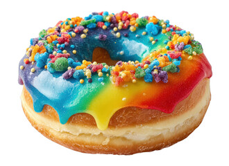 Frosted donut with vibrant icing and rainbow toppings, isolated on transparent, bakery product photography, sharp clarity