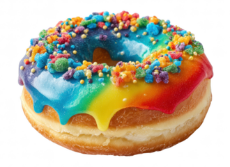 Frosted donut with vibrant icing and rainbow toppings, isolated on transparent, bakery product photography, sharp clarity