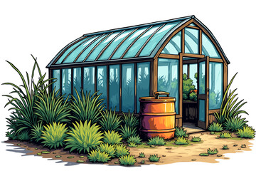 Rain barrel beside a greenhouse with lush greenery on a sunny day