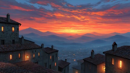 Serene Sunset Over Mountain Village with Cozy Houses and Warm Glowing Windows in Calm Evening Sky