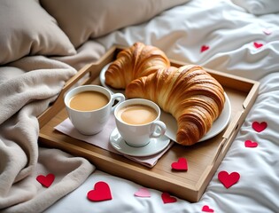 A romantic breakfast in bed with two cups of coffee, fresh croissants, and heart decorations on a cozy white comforter