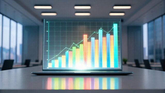 A modern office scene featuring a laptop displaying a colorful bar graph and line chart, indicating data analysis and business performance. - Powered by Adobe