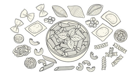 Various Pasta Shapes Arranged with Rigatoni in Bowl, Ideal for Food and Cooking Content