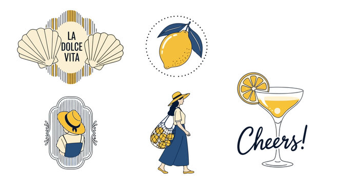 Collection of Summer-Themed Illustrations Including Lemons, Cocktails, and Coastal Elements