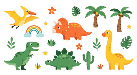 Cute Dinosaur Illustration Set Prehistoric Animals, Rainbow, Palm Trees, and Floral Elements
