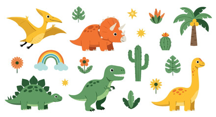 Colorful Cartoon Dinosaur Collection with Pterodactyl, Triceratops, and More Elements for Fun Designs © Keyla
