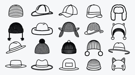 Collection of different hat styles in simple black and white illustration